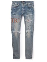 Amiri Brown Leather Spell Patch Blue Denim Jeans