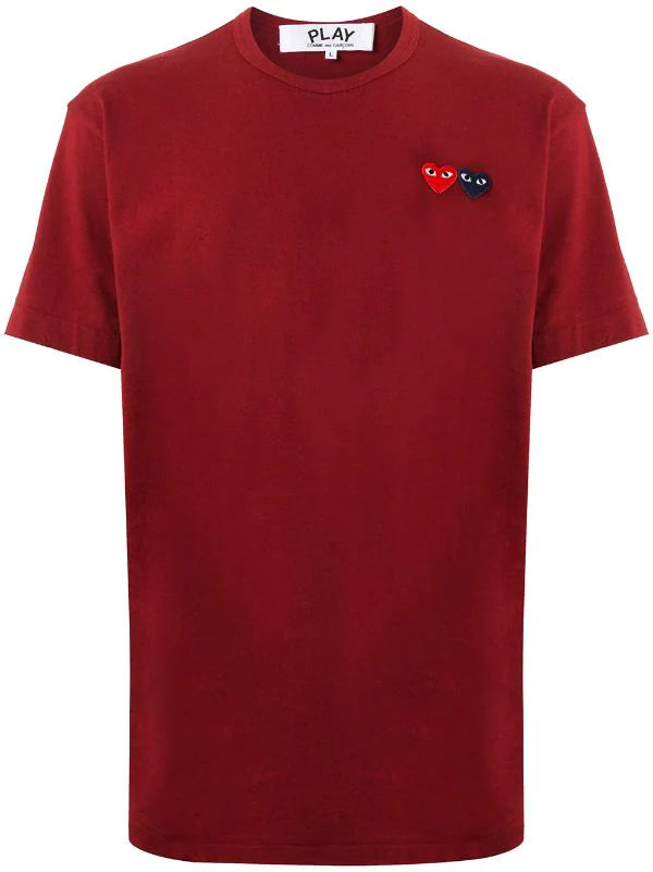 Comme Des Garçons “Play Double Hearted Appliqué” Tee Burgundy